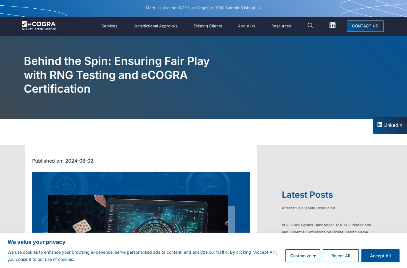Screenshot of eCOGRA's public page explaining RNG testing and certification