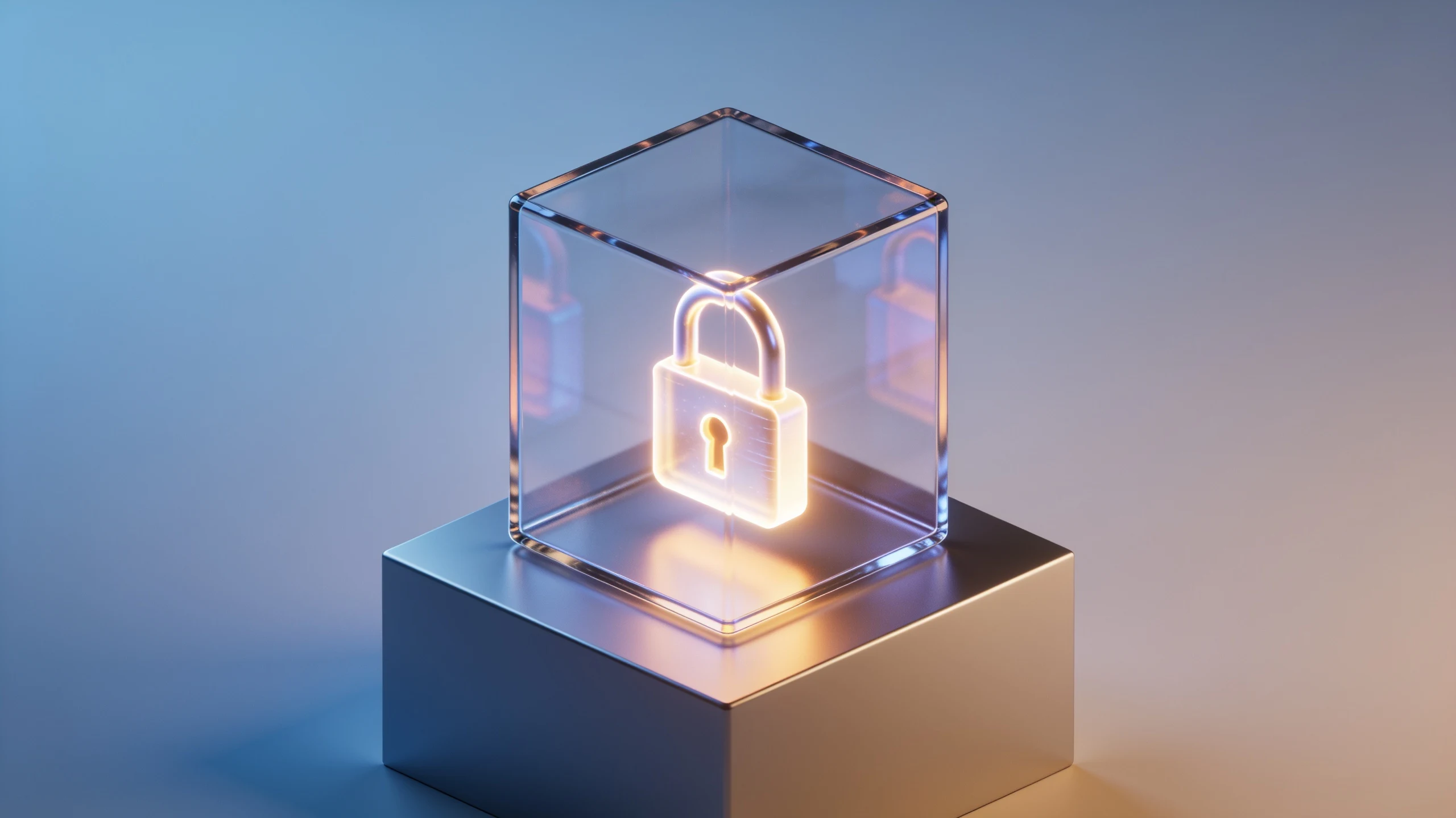 Isometric illustration of a locked cryptographic seed inside a glass cube